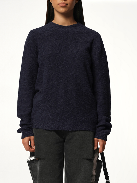 Image of a model wearing Outerwear. Productname: MAISON MARGIELA Boucle Sweater in BLUE colour by brand - MAISON MARGIELA