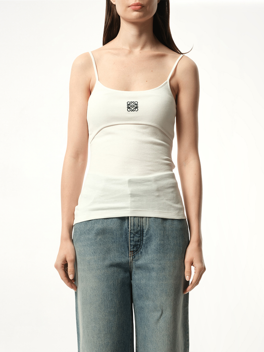 Image of a model wearing Tops. Productname: LOEWE Anagram Strappy Top in WHITE colour by brand - LOEWE
