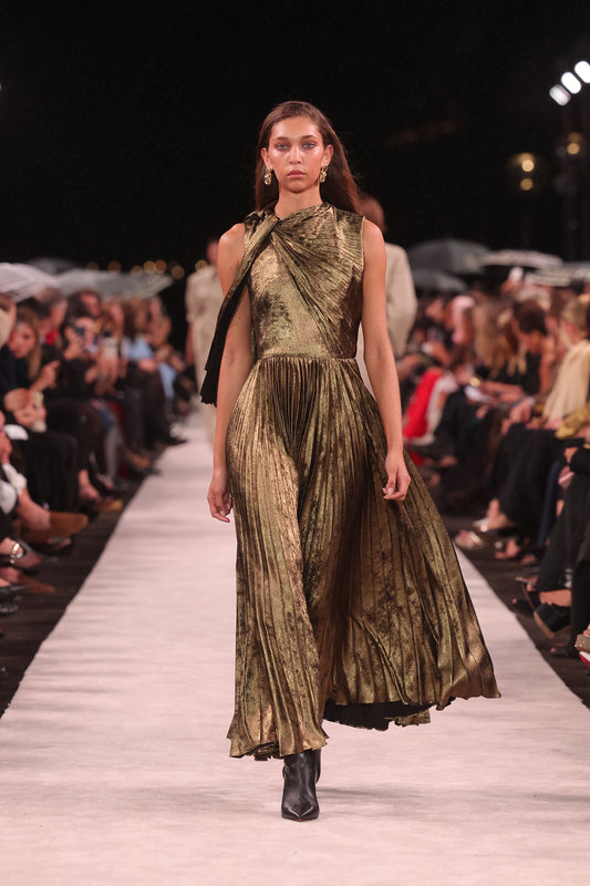 Image of Dresses. Product name - Gold Burnished Metallic Plisse Sleeveless Dress in Gold colour by brand - Carla Zampatti