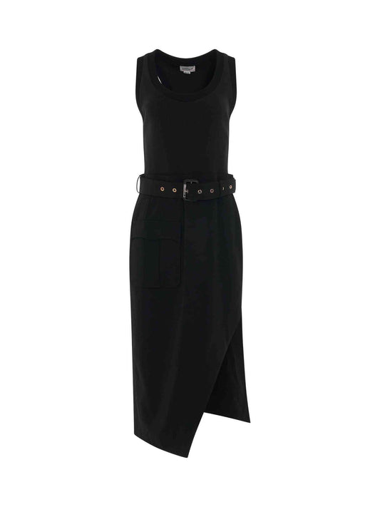 Image of a model wearing Dress. Productname: ALEXANDER MCQUEEN Trompe L'oeil Pencil Dress in Black colour by brand - ALEXANDER MCQUEEN