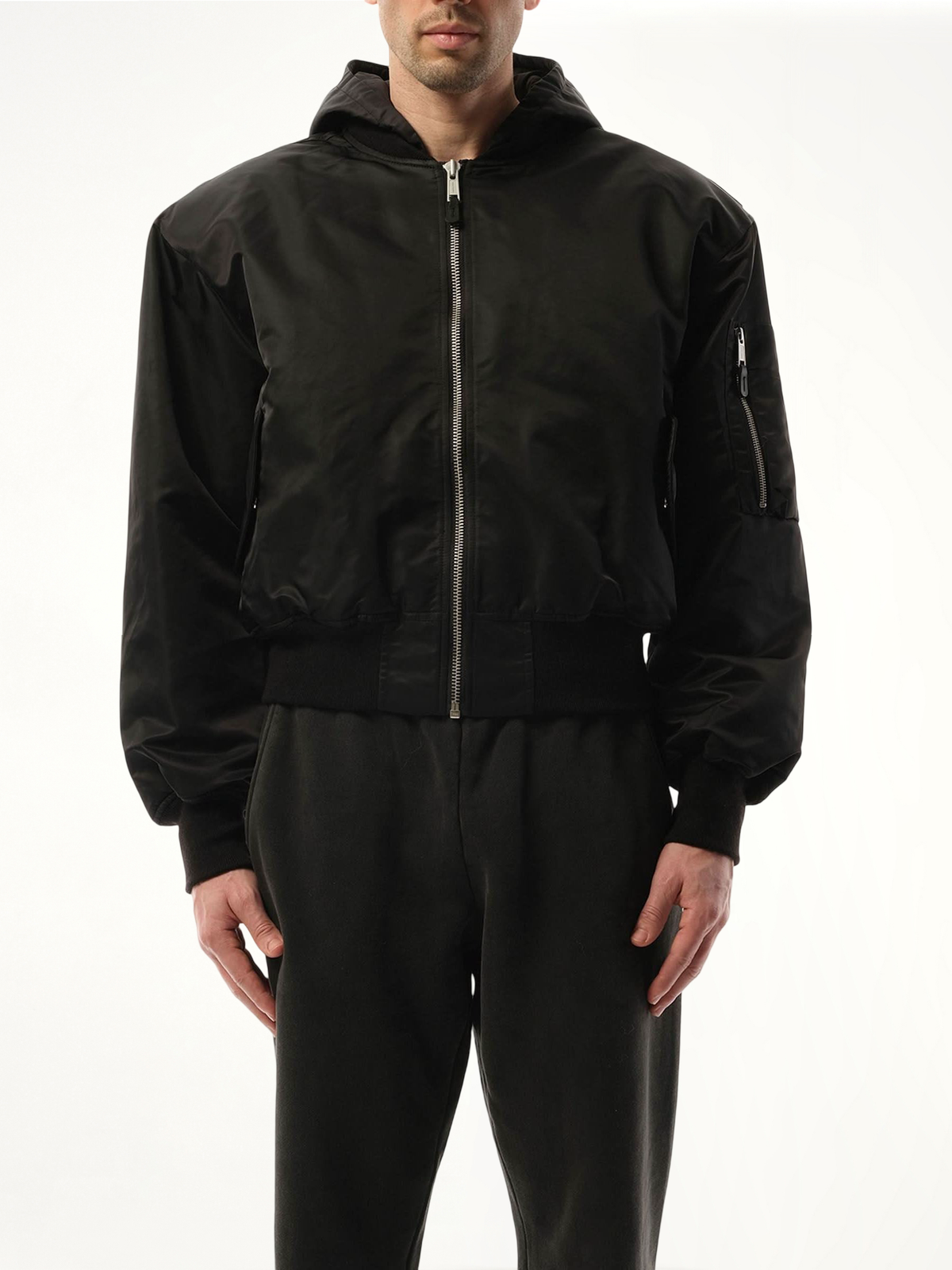 Image of Coats & Jackets. Product name - Hooded Broad Bomber Jacket in Black colour by brand - ENTIRE STUDIOS