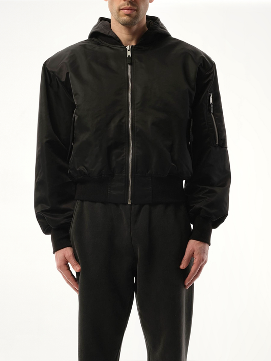Image of Coats & Jackets. Product name - Hooded Broad Bomber Jacket in Black colour by brand - ENTIRE STUDIOS