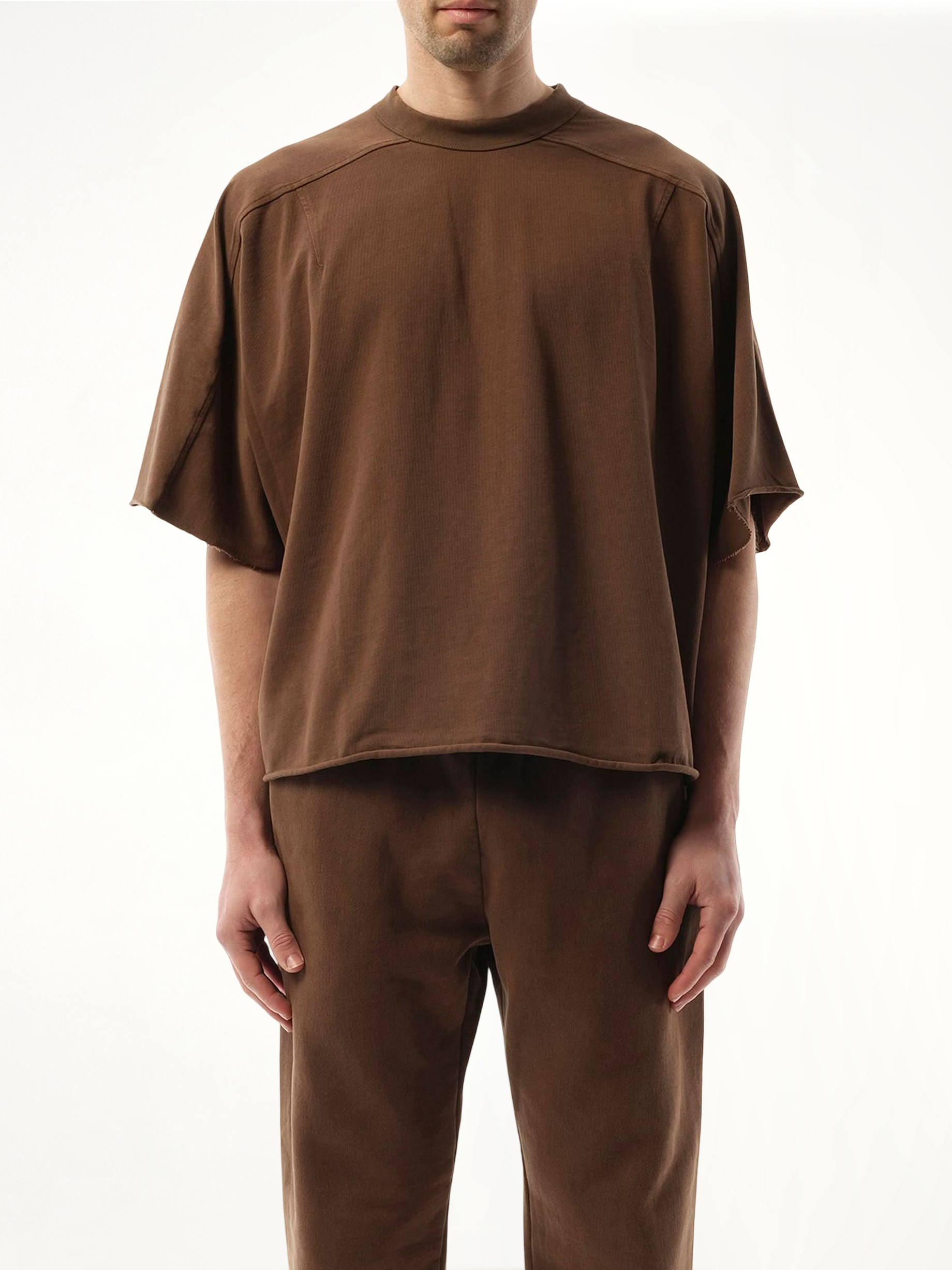 Image of a model wearing Tops. Productname: ENTIRE STUDIOS Heavy Dart T-Shirt in Brown colour by brand - ENTIRE STUDIOS