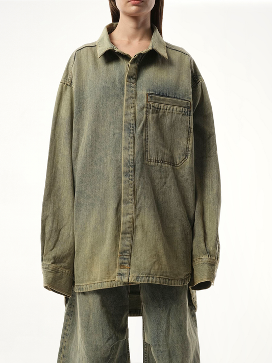 Image of a model wearing Tops. Productname: ENTIRE STUDIOS Herculean Shirt in BLUE colour by brand - ENTIRE STUDIOS