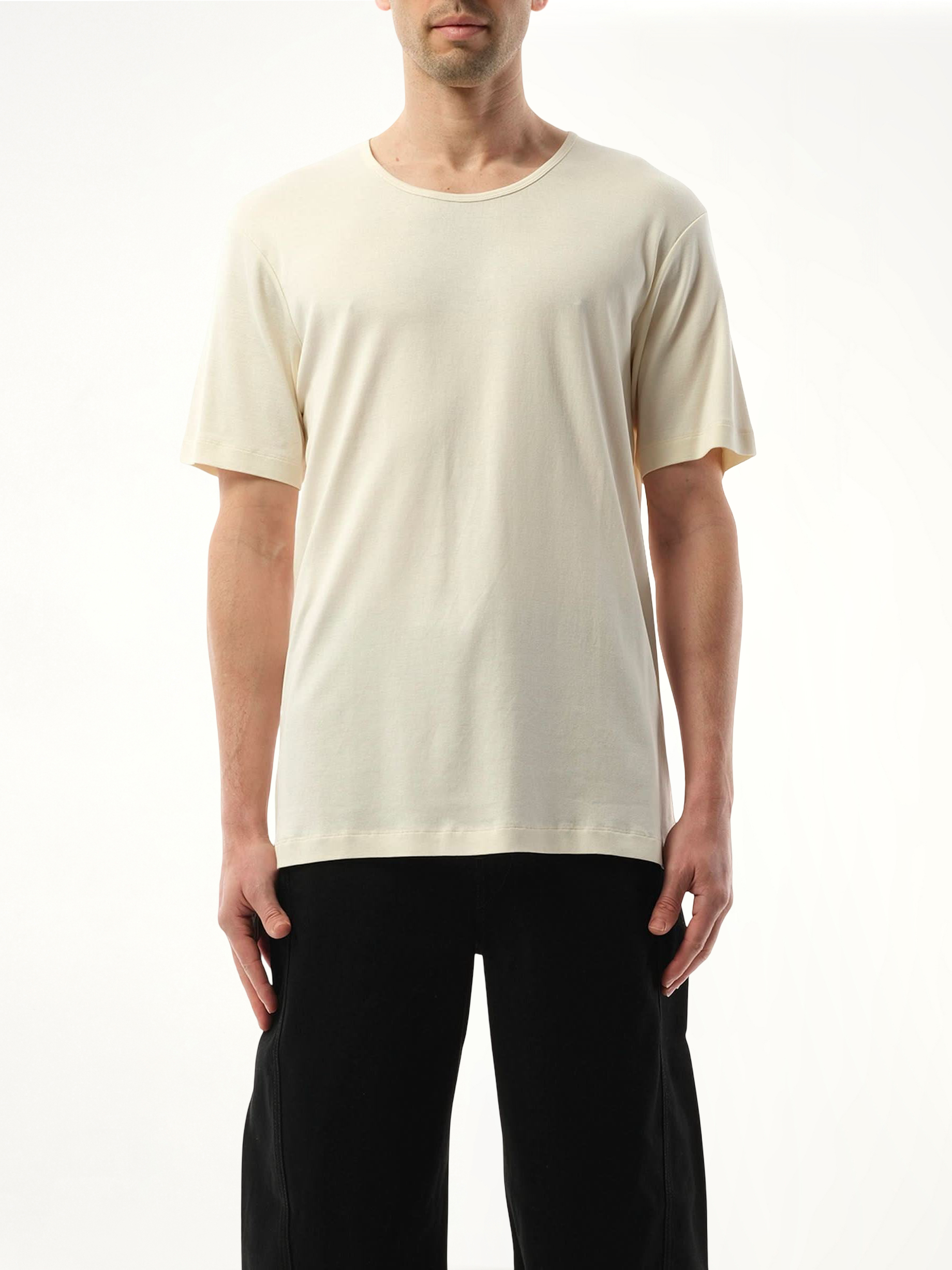 Image of a model wearing Tops. Productname: LEMAIRE Rib U Neck T-Shirt in Light Cream colour by brand - LEMAIRE