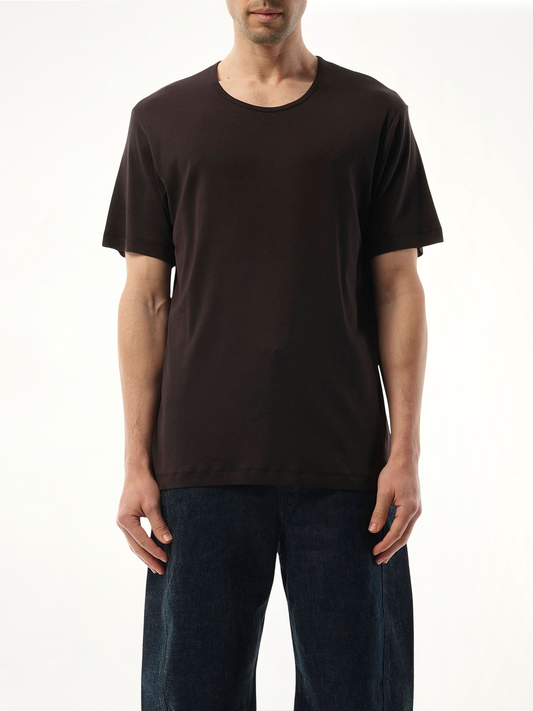Image of a model wearing Tops. Productname: LEMAIRE Rib U Neck T-Shirt in Squid Ink colour by brand - LEMAIRE