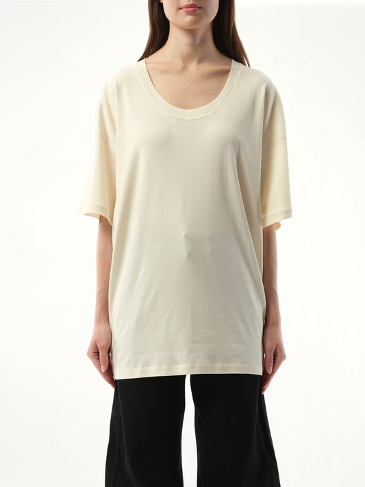 Image of a model wearing Tops. Productname: LEMAIRE Rib T-Shirt in Cream colour by brand - LEMAIRE