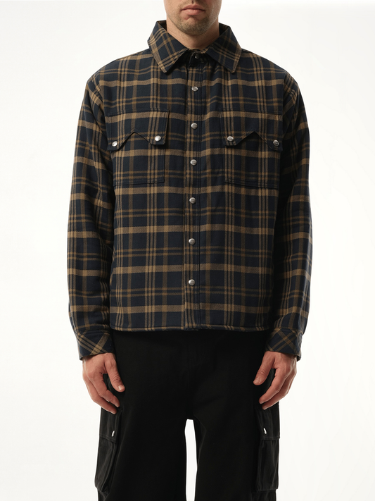 Image of a model wearing Tops. Productname: RHUDE Flannel Sherpa Overshirt in BROWN colour by brand - RHUDE