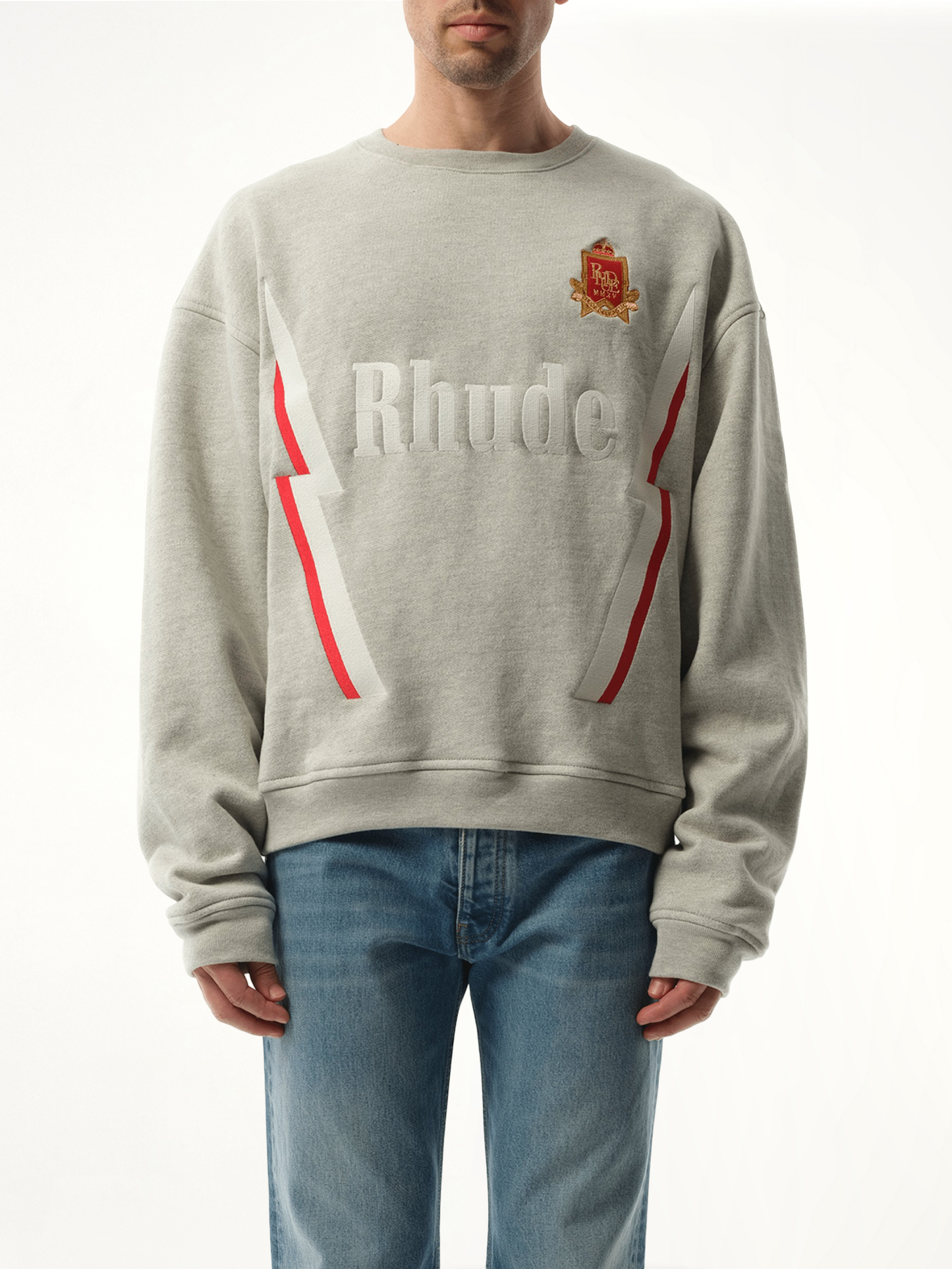 Image of a model wearing Outerwear. Productname: RHUDE Lightning Sweatshirt in GREY colour by brand - RHUDE