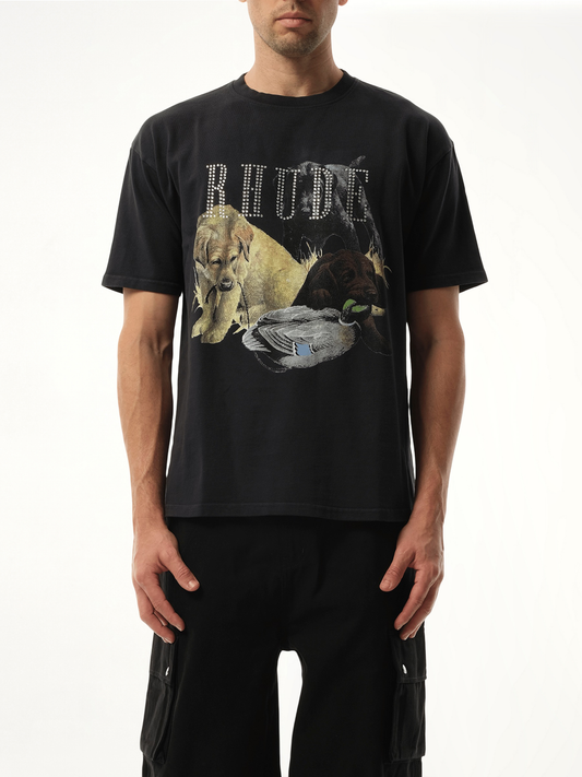 Image of a model wearing Tops. Productname: RHUDE Rhinestone Hunting Dog T-Shirt in BLACK colour by brand - RHUDE