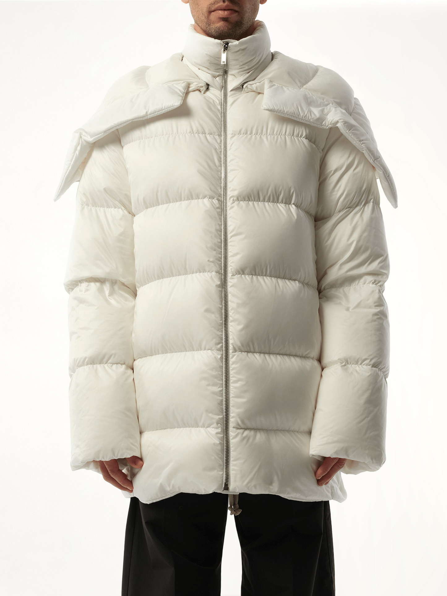 Image of a model wearing Outerwear. Product name - Rick Owens x Moncler Hooded Cyclopic Coat in White colour by brand - RICK OWENS