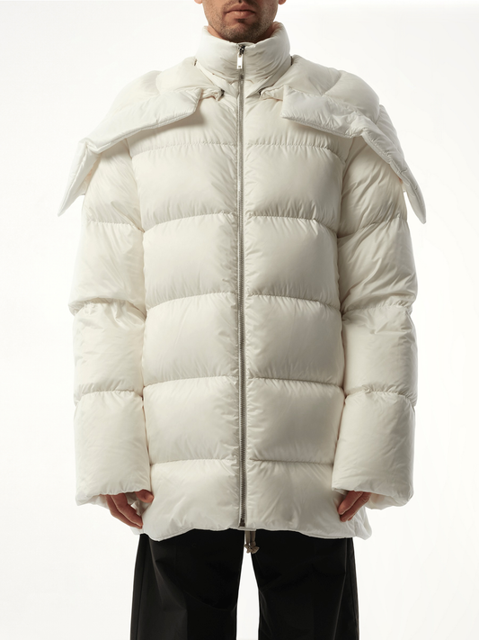Image of a model wearing Outerwear. Product name - Rick Owens x Moncler Hooded Cyclopic Coat in White colour by brand - RICK OWENS