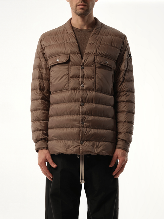 Image of a model wearing Tops. Productname: Rick Owens x Moncler Padded Outershirt in Brown colour by brand - RICK OWENS