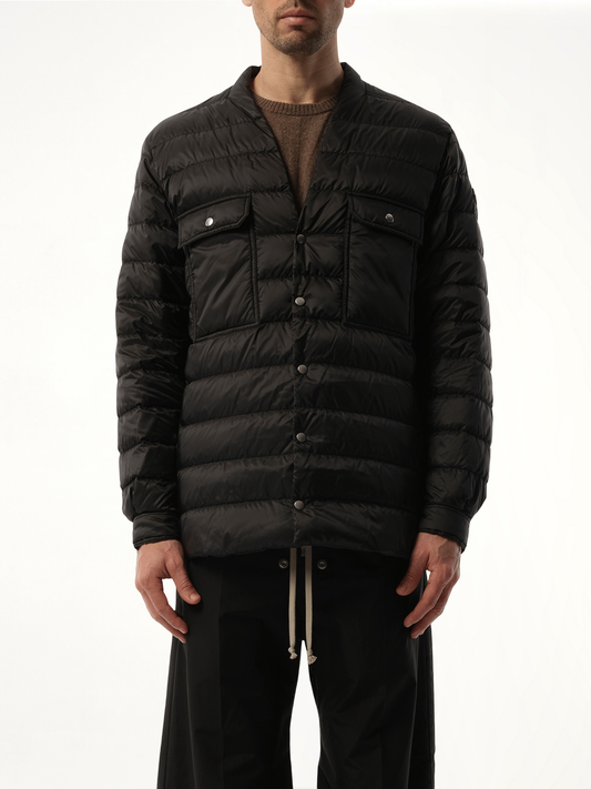 Image of a model wearing Tops. Product name - Rick Owens x Moncler Padded Outershirt in Black colour by brand - RICK OWENS