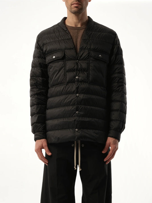 Image of a model wearing Tops. Product name - Rick Owens x Moncler Padded Outershirt in Black colour by brand - RICK OWENS