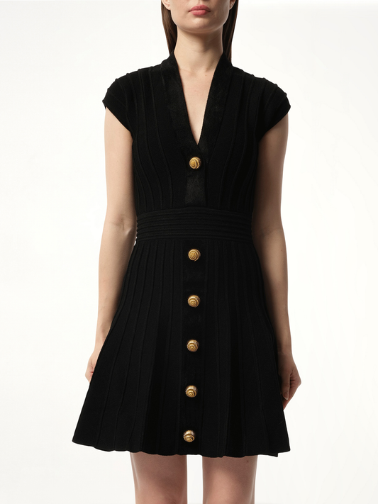 Image of Dresses. Productname: BALMAIN Button V-Neck Velvet Flare Short Dress in BLACK colour by brand - BALMAIN