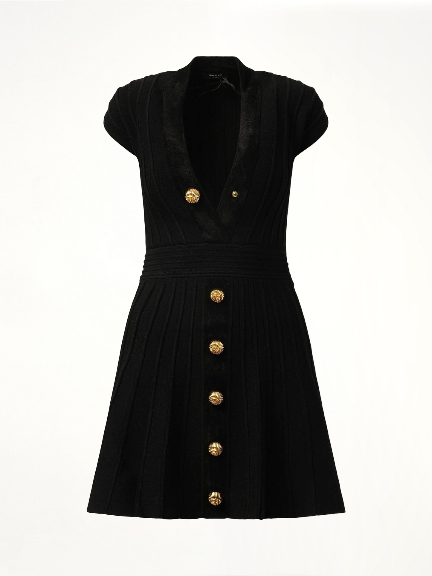 BALMAIN Button V-Neck Velvet Flare Short Dress (Black)