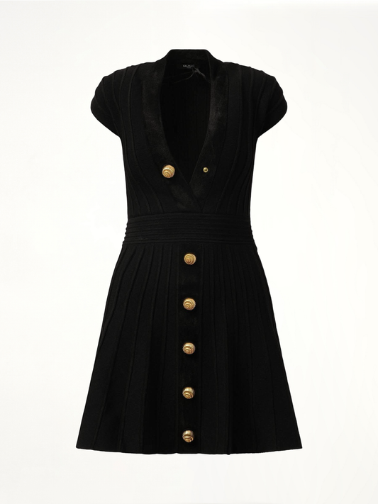 BALMAIN Button V-Neck Velvet Flare Short Dress (Black)