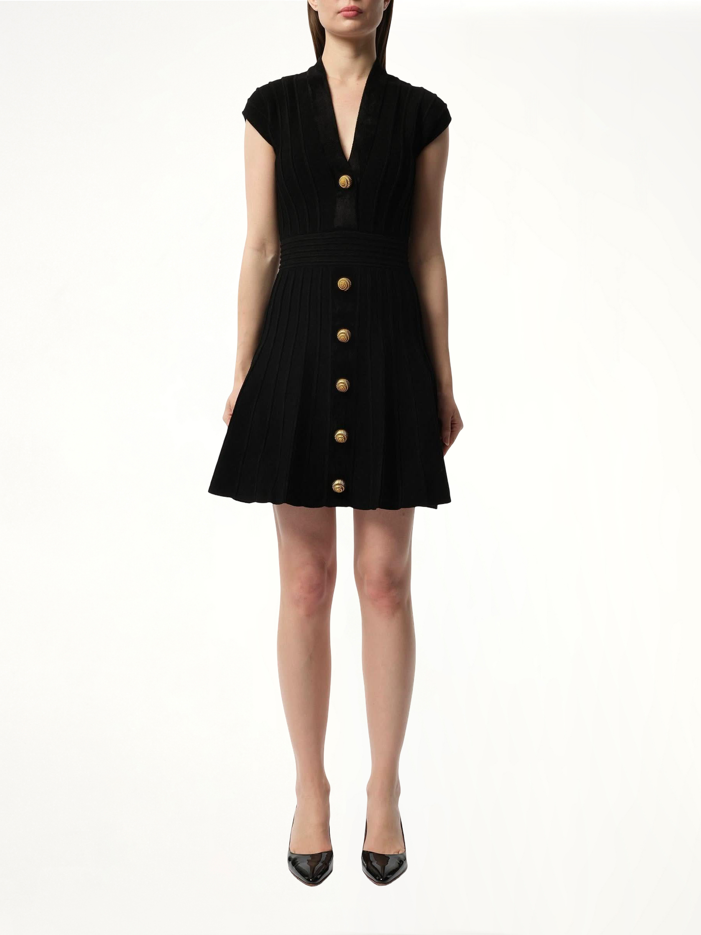 BALMAIN Button V-Neck Velvet Flare Short Dress (Black)
