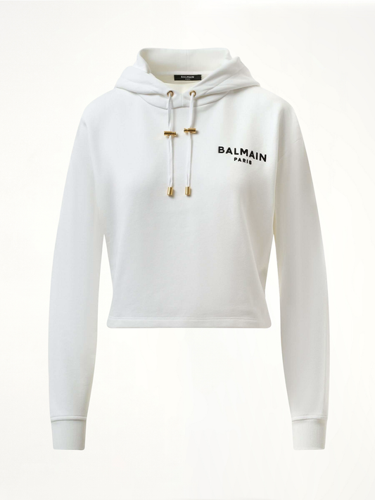 BALMAIN Balmain Flock Detail Cropped Hoodie (White)