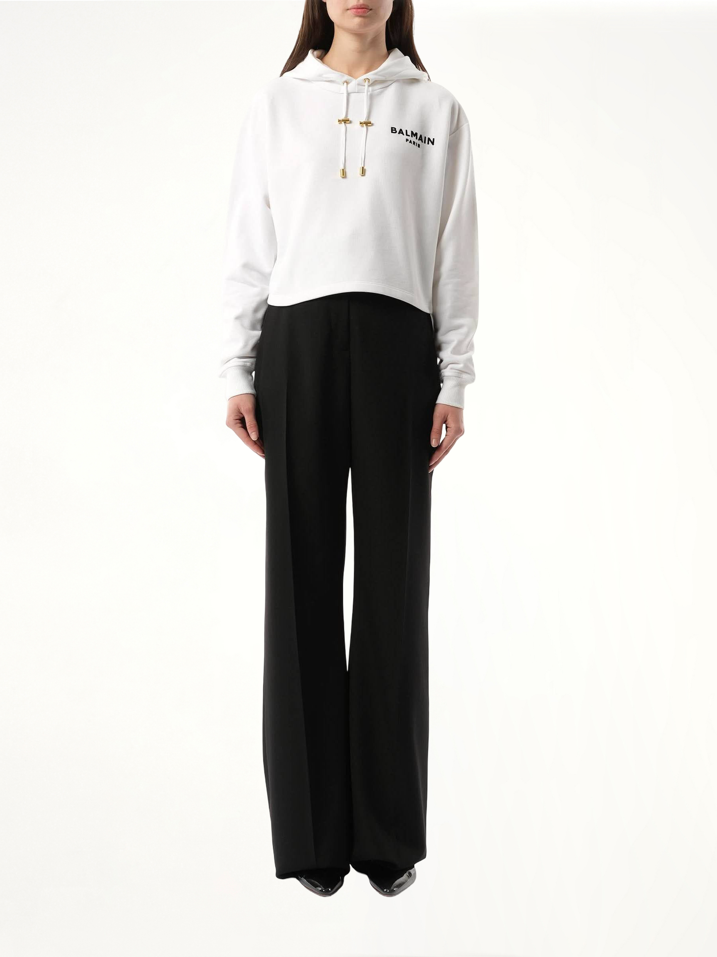 BALMAIN Balmain Flock Detail Cropped Hoodie (White)
