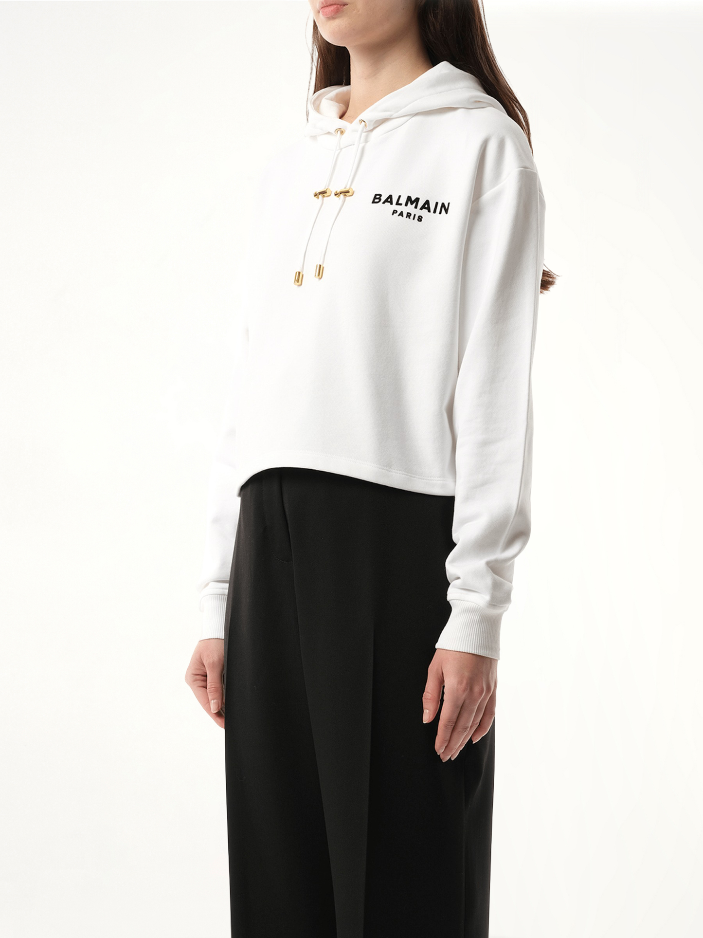 BALMAIN Balmain Flock Detail Cropped Hoodie (White)