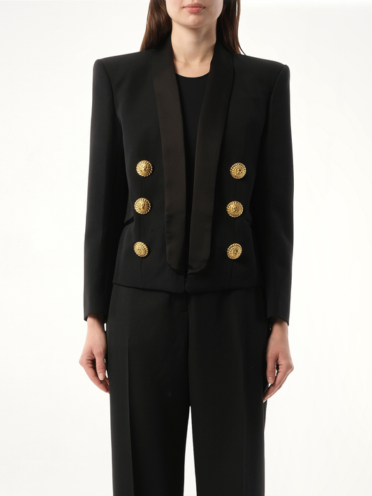 Image of Coats & Jackets. Productname: BALMAIN 6 BTN Satin GDP Jacket in BLACK colour by brand - BALMAIN