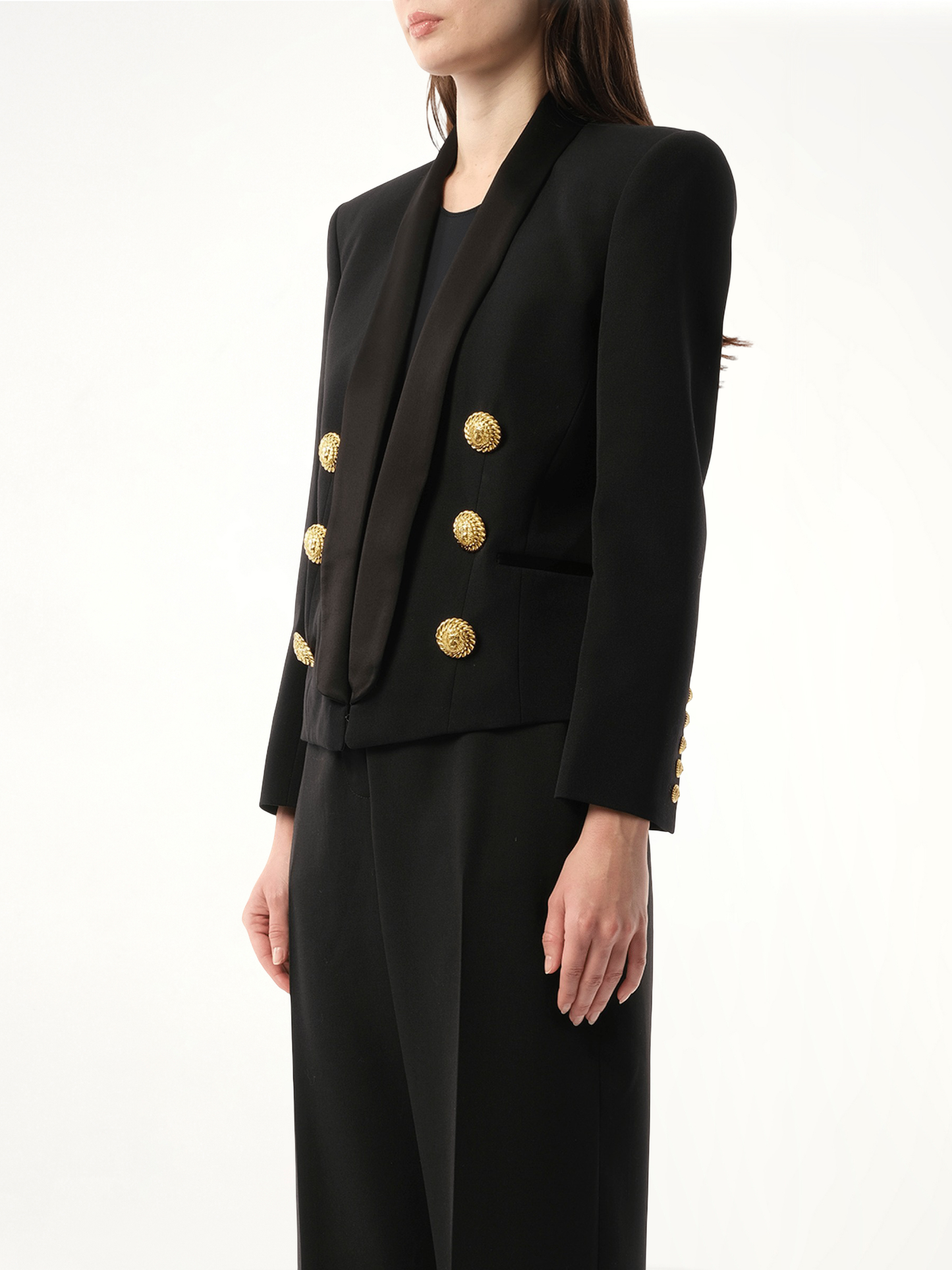 BALMAIN 6 BTN Satin GDP Jacket (Black)