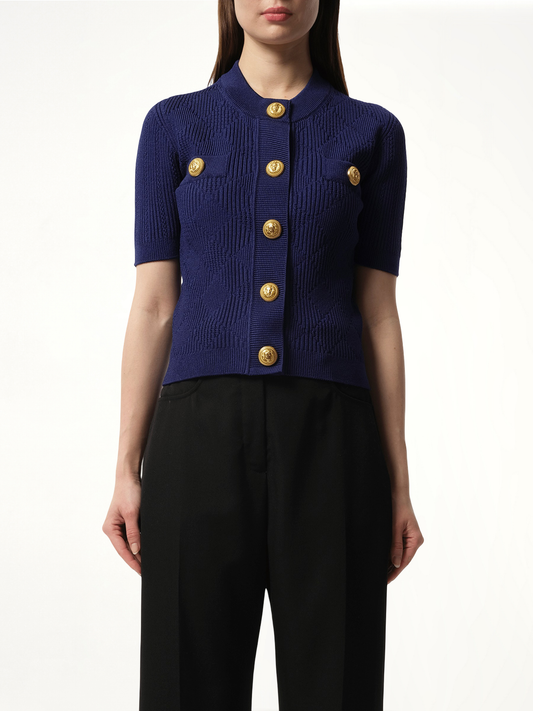 Image of a model wearing Outerwear. Productname: BALMAIN Buttoned 2 Pockets Vichy Knit Cardigan in BLUE colour by brand - BALMAIN