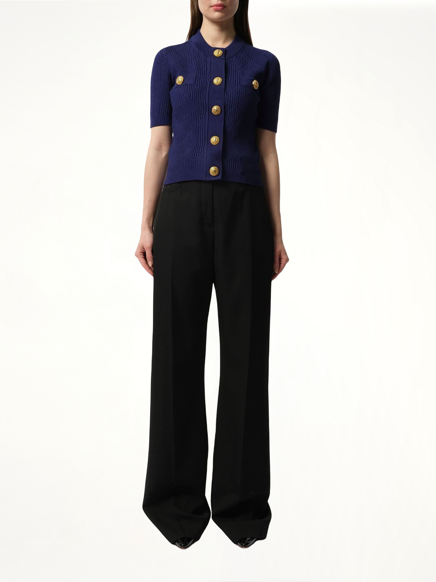 BALMAIN Buttoned 2 Pockets Vichy Knit Cardigan (Blue)
