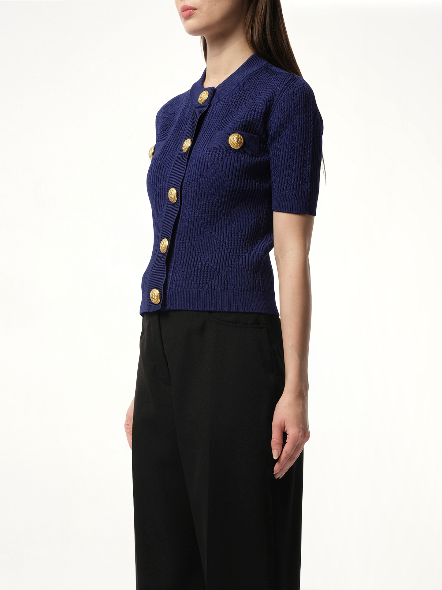 BALMAIN Buttoned 2 Pockets Vichy Knit Cardigan (Blue)