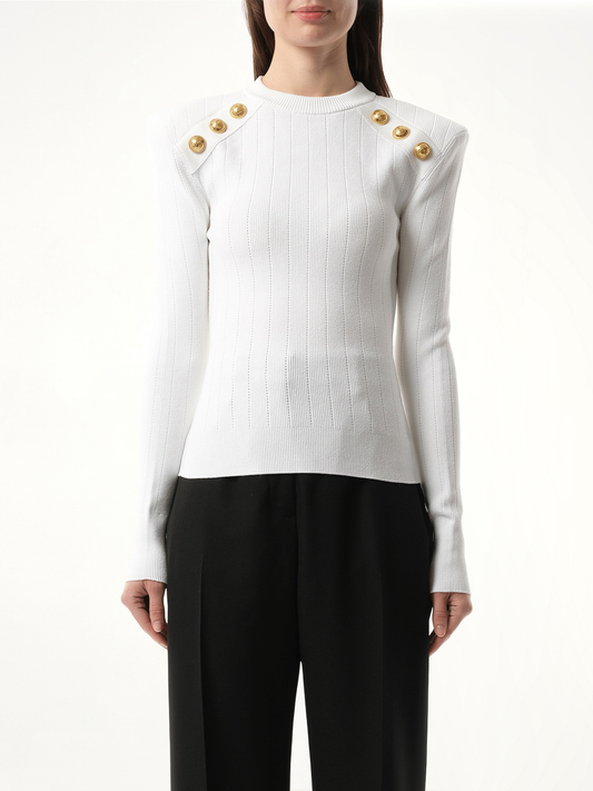 Image of a model wearing Outerwear. Productname: BALMAIN 6 BTN Knit Pullover in WHITE colour by brand - BALMAIN