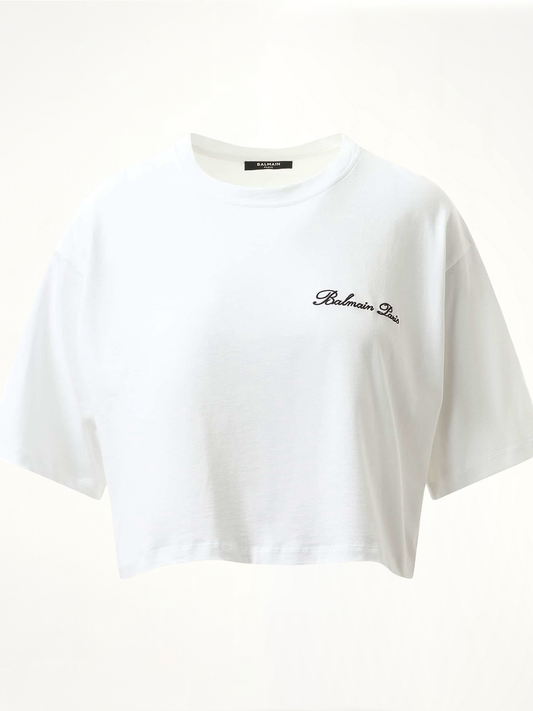 Balmain Signatured Embroidered Crop Top (White)