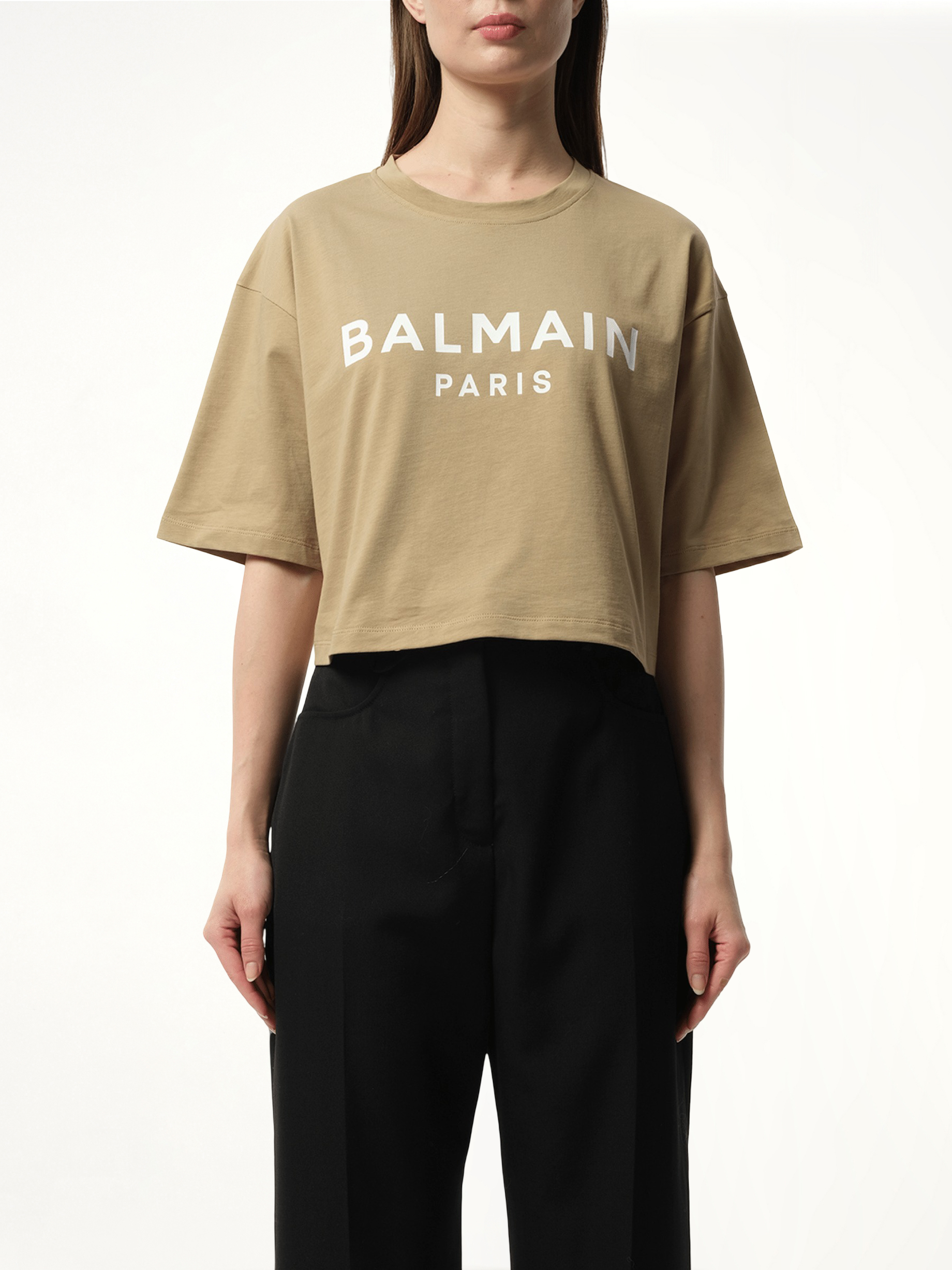 Image of a model wearing Tops. Productname: BALMAIN Balmain Printed Cropped T-Shirt in BEIGE colour by brand - BALMAIN