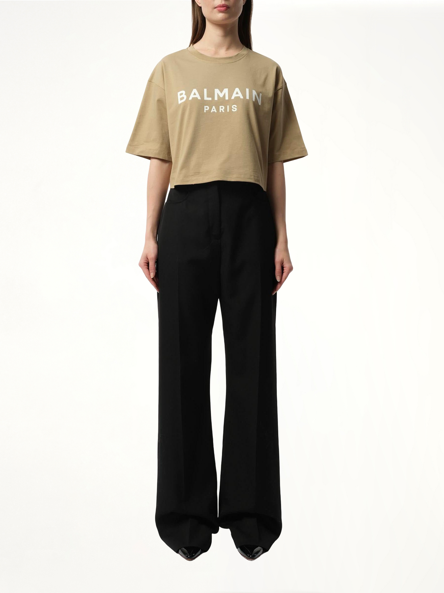 BALMAIN Balmain Printed Cropped T-Shirt (Beige)
