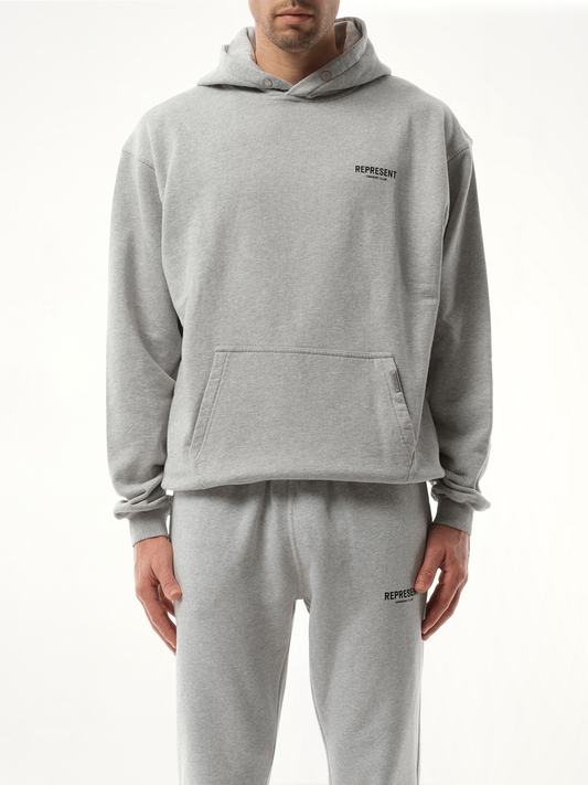 Image of a model wearing Outerwear. Productname: Represent Owners Club Hoodie in Grey colour by brand - REPRESENT