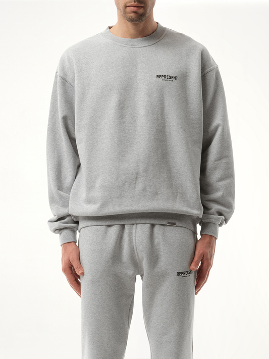 Image of a model wearing Outerwear. Productname: Represent Owners Club Sweatshirt in Grey colour by brand - REPRESENT