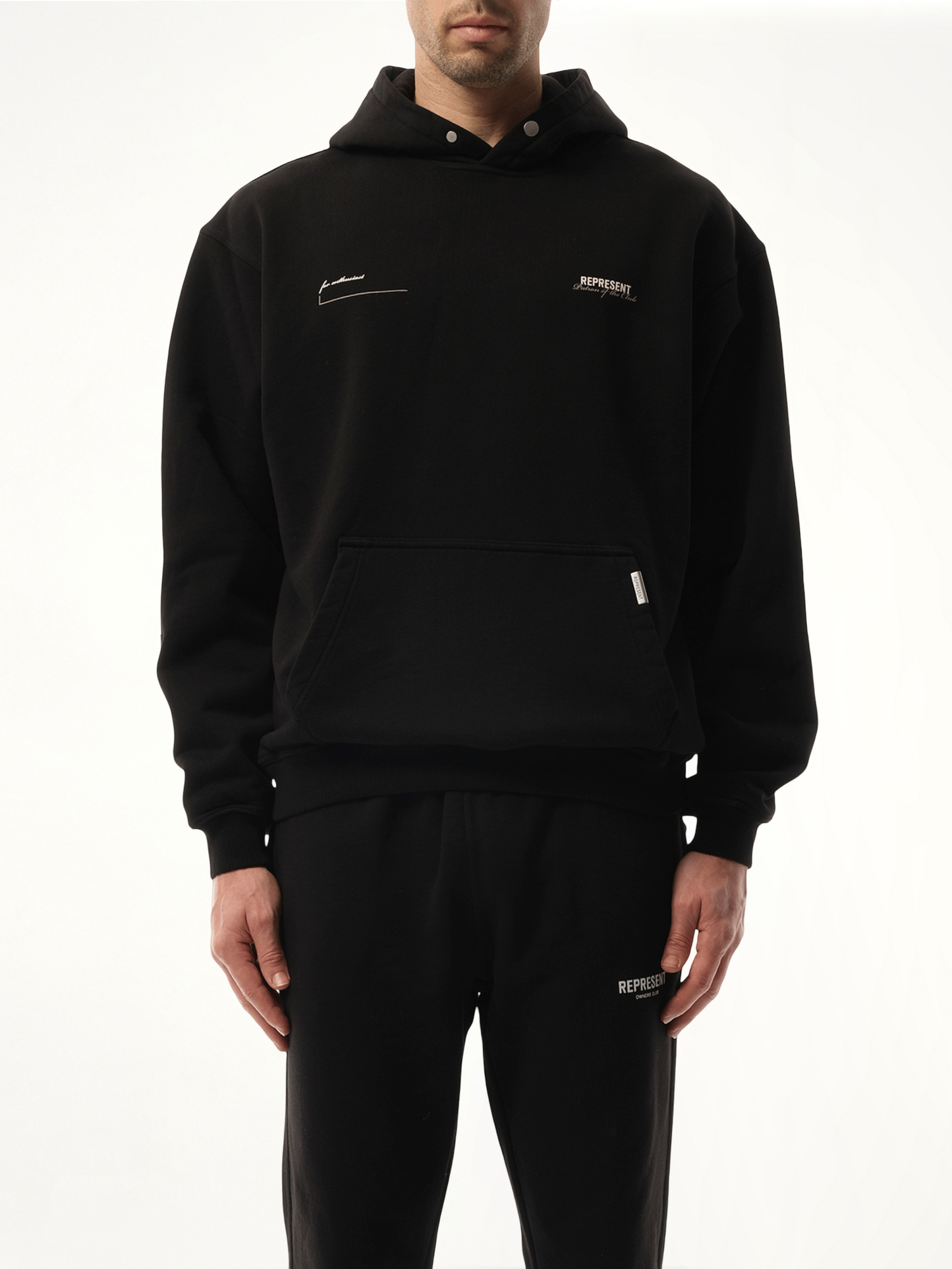 Image of a model wearing Outerwear. Productname: REPRESENT Patron of the Club Hoodie in BLACK colour by brand - REPRESENT