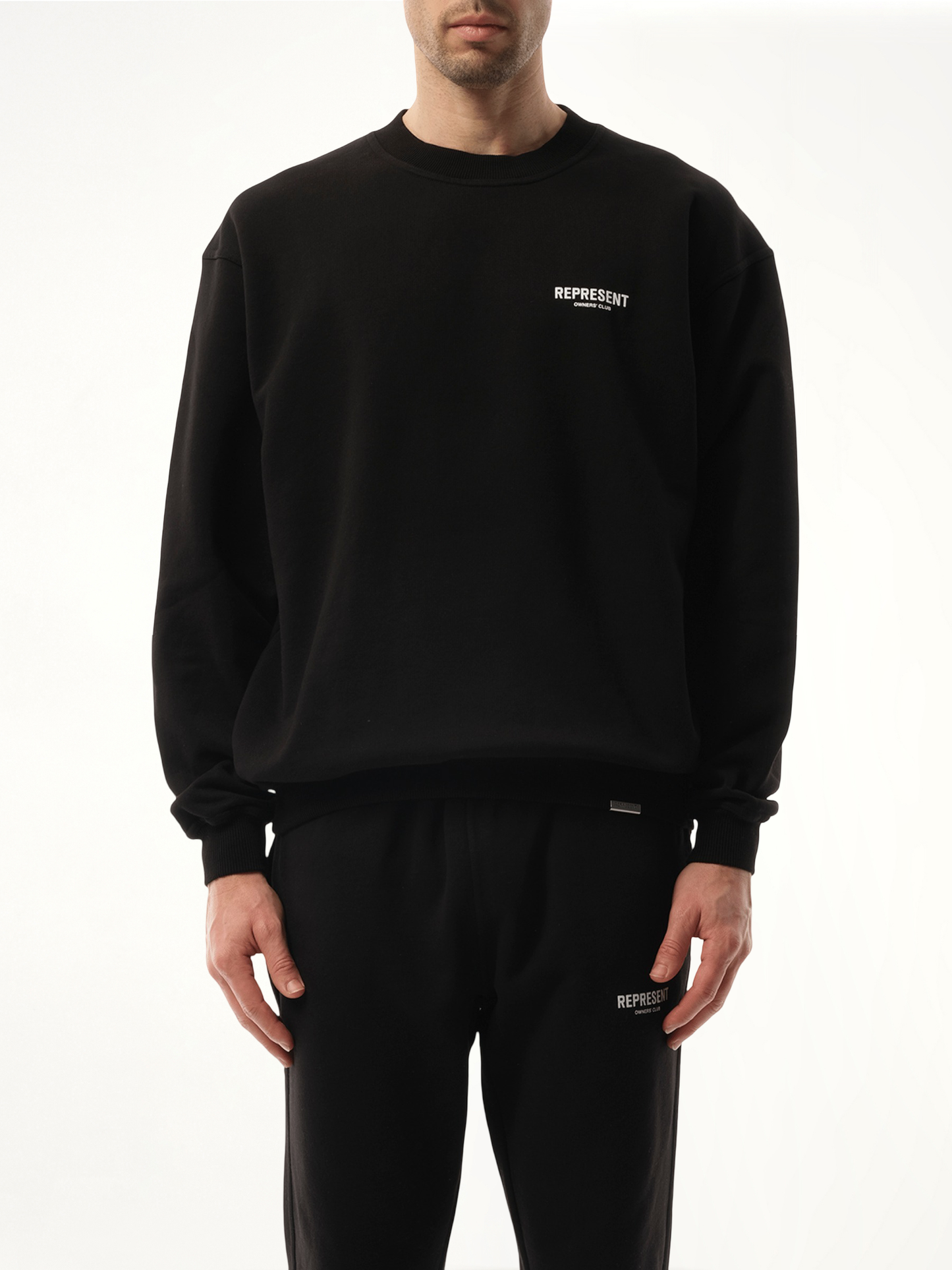 Image of a model wearing Outerwear. Product name - Represent Owners Club Sweatshirt in Black colour by brand - REPRESENT