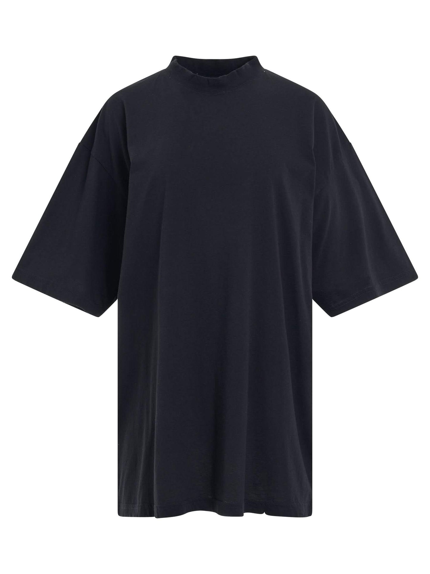 Image of a model wearing Tops. Productname: BALENCIAGA Logo Printed Crewneck T-shirt in BLACK colour by brand - BALENCIAGA