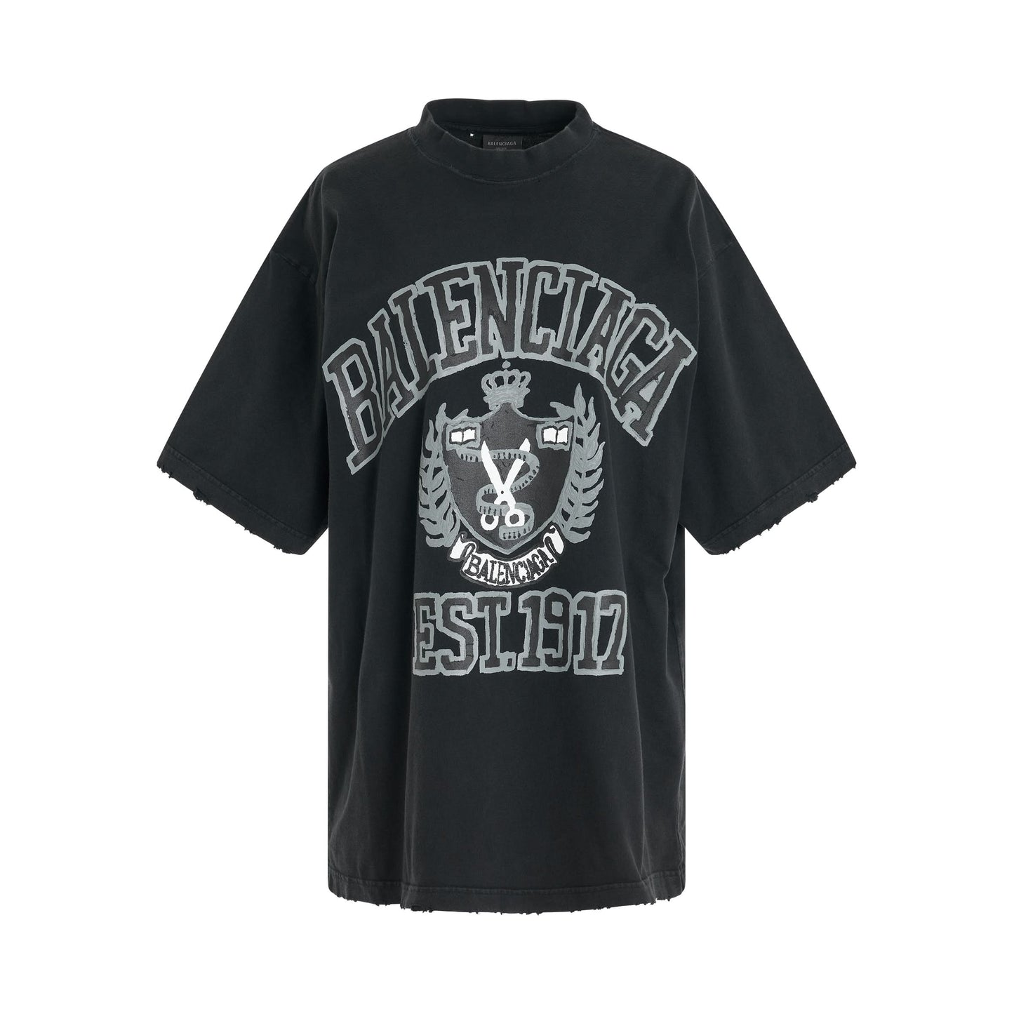Image of a model wearing Tops. Productname: BALENCIAGA DIY College Vintage T-Shirt in BLACK colour by brand - BALENCIAGA