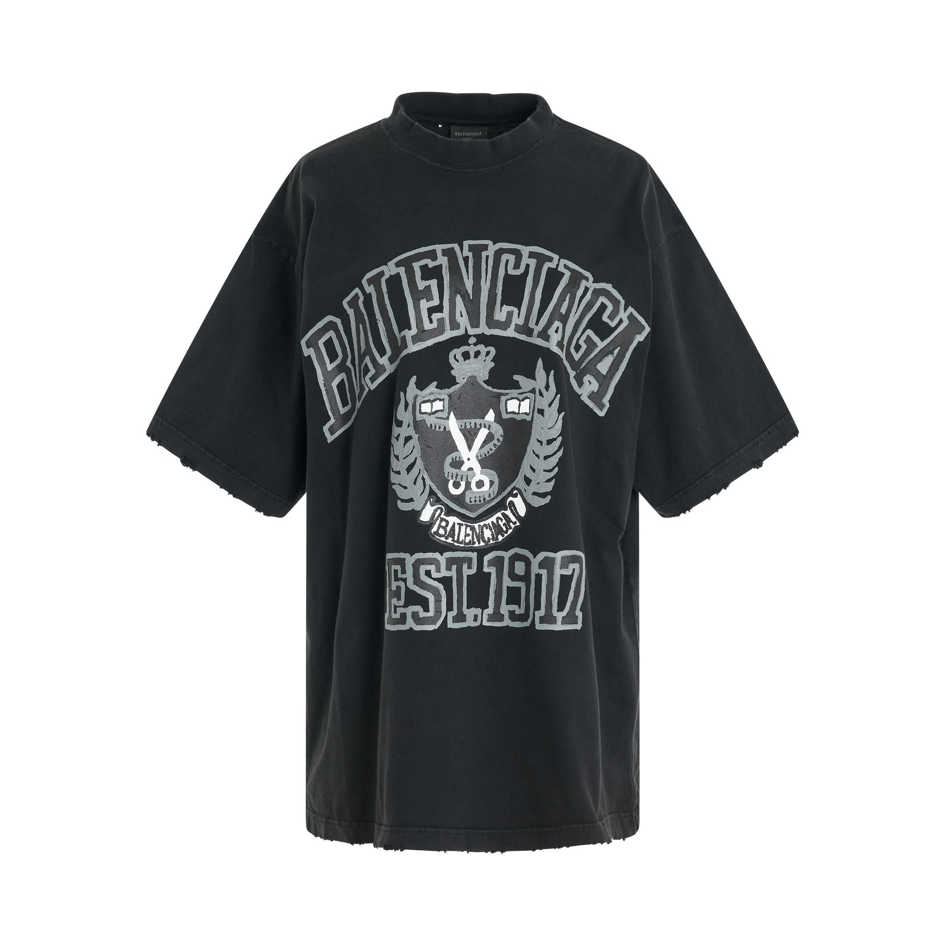 Image of a model wearing Tops. Productname: BALENCIAGA DIY College Vintage T-Shirt in BLACK colour by brand - BALENCIAGA
