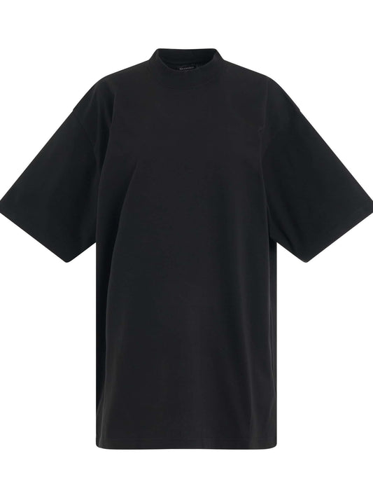 Image of a model wearing Tops. Productname: BALENCIAGA BB Paris Rhinestone T-Shirt in Washed Black colour by brand - BALENCIAGA