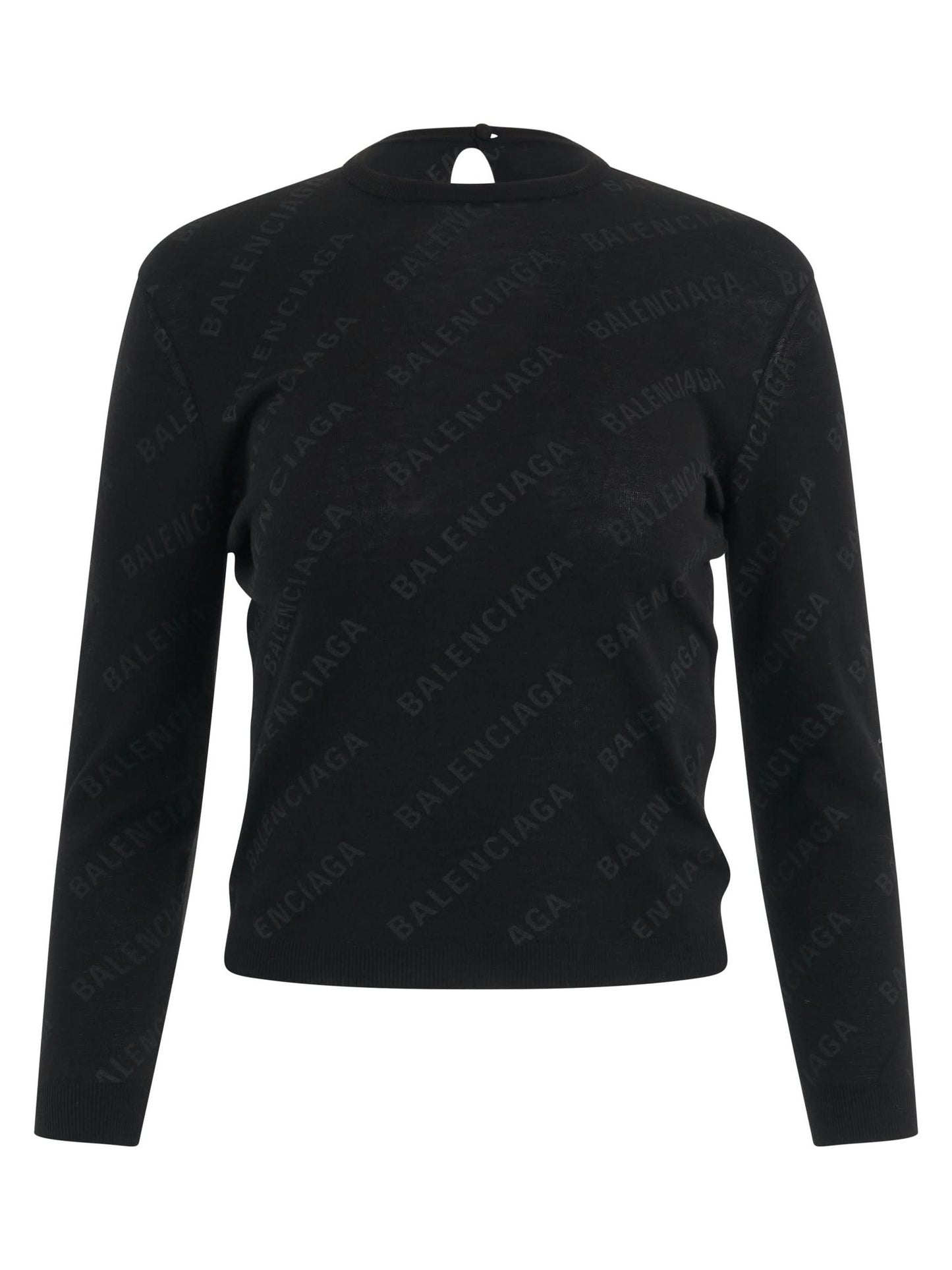 Image of a model wearing Outerwear. Productname: BALENCIAGA Allover Logo Knit Sweater in Black colour by brand - BALENCIAGA