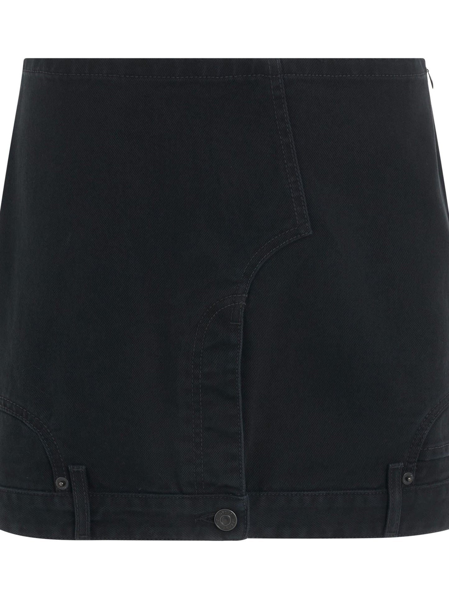 Image of a model wearing Denim. Productname: BALENCIAGA Upside Down Denim Mini Skirt in Black colour by brand - BALENCIAGA