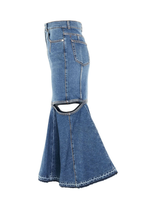 ALEXANDER MCQUEEN Slashed Midi Denim Skirt (Blue)