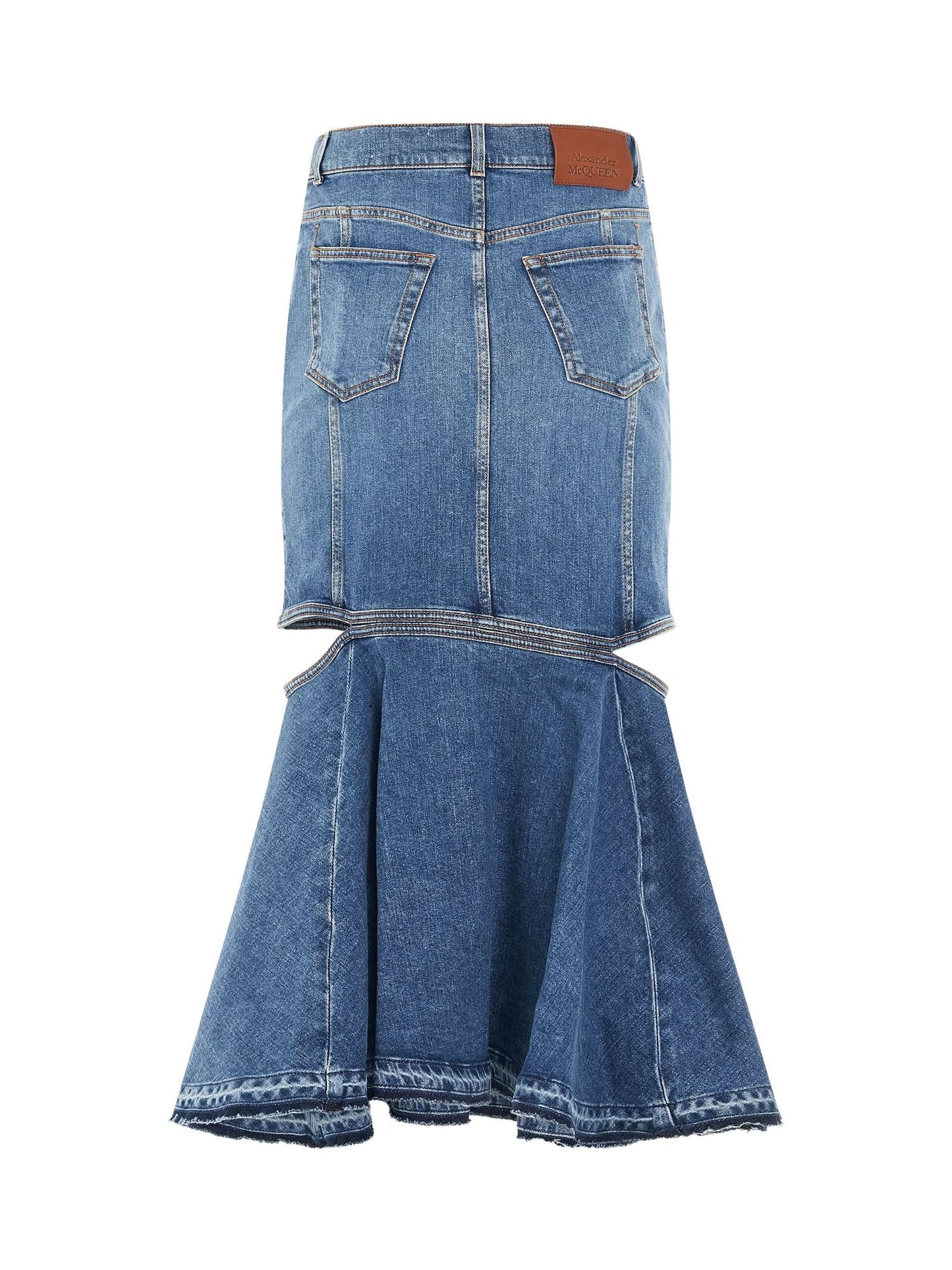 ALEXANDER MCQUEEN Slashed Midi Denim Skirt (Blue)