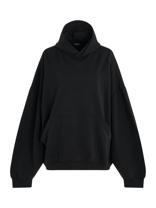 Image of a model wearing Outerwear. Productname: BALENCIAGA Tropical Paris Round Hoodie in BLACK colour by brand - BALENCIAGA