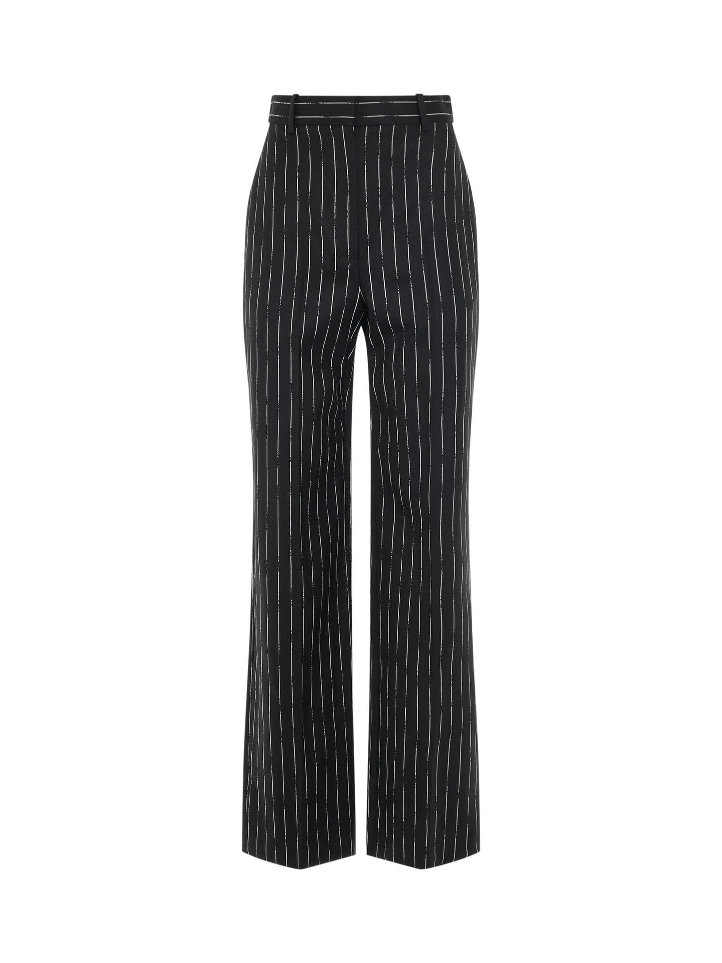 Image of a model wearing Pants. Productname: ALEXANDER MCQUEEN Certified Broken Stripe Wool Pants in Black colour by brand - ALEXANDER MCQUEEN