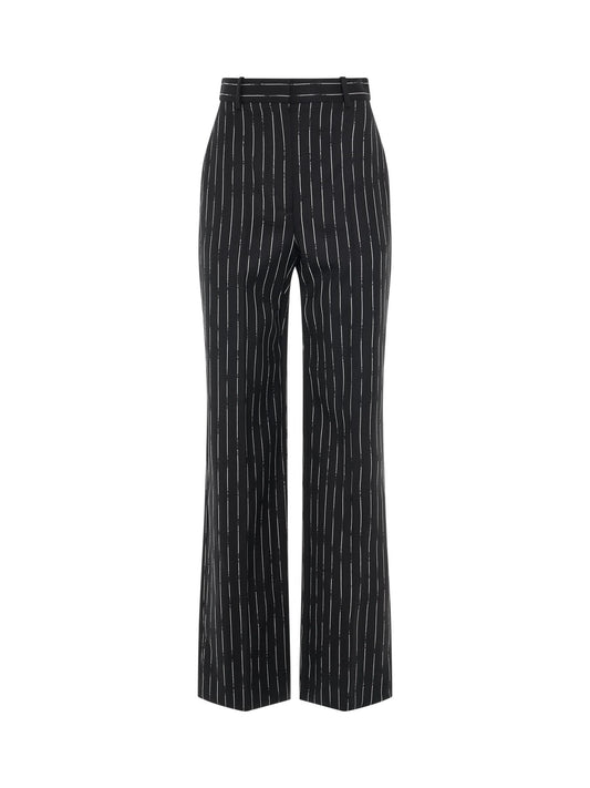 Image of a model wearing Pants. Productname: ALEXANDER MCQUEEN Certified Broken Stripe Wool Pants in Black colour by brand - ALEXANDER MCQUEEN